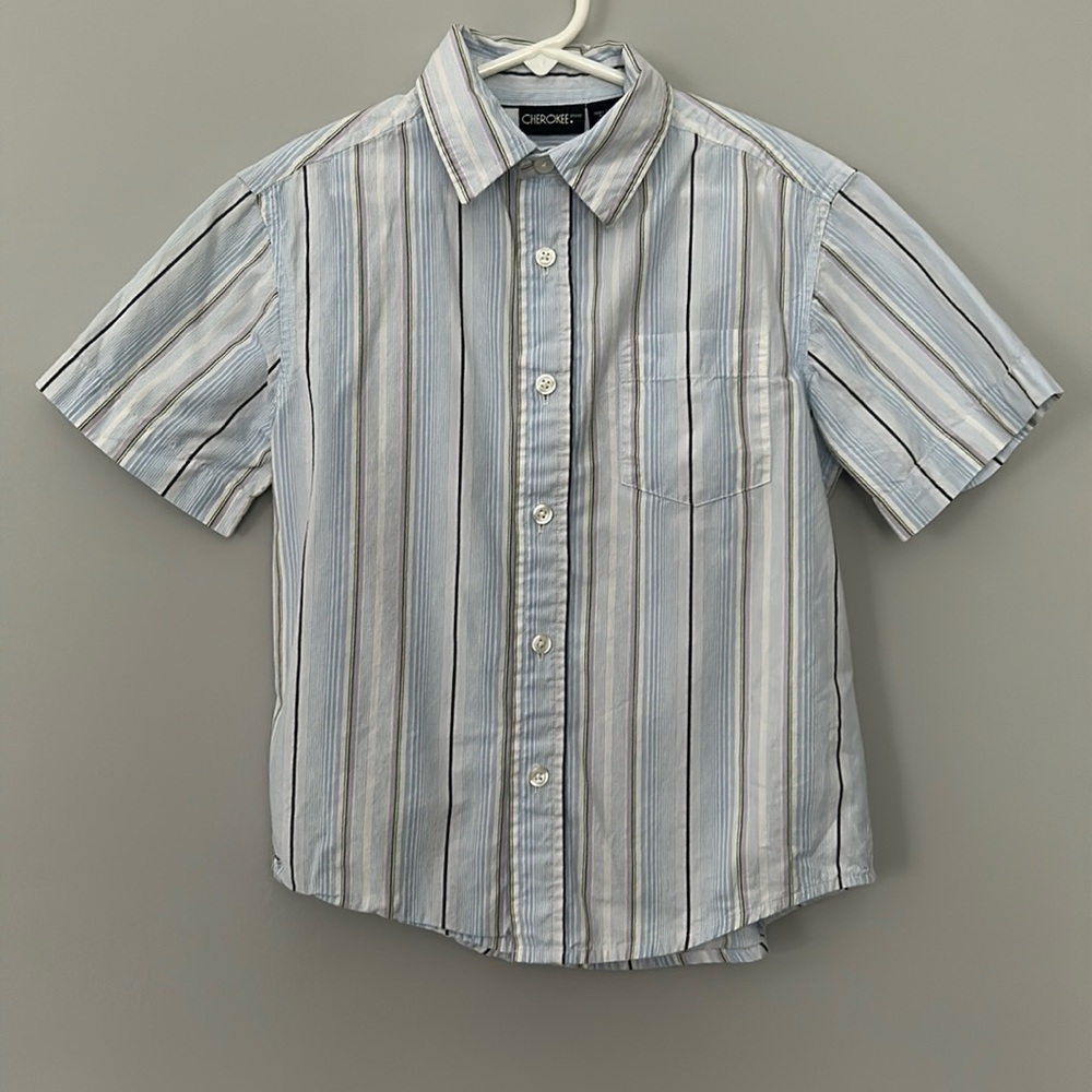Cherokee Short Sleeve Button Down Striped Collared Dress Shirt Size XS 4/5